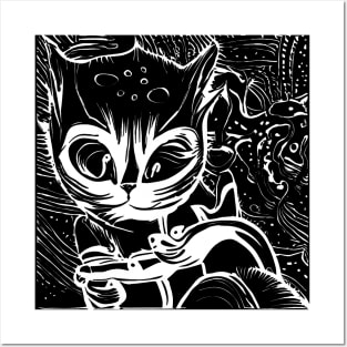 Funny Alien Cat - Whimsical White Hand Drawing Posters and Art